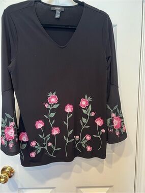 Alfani Black V-Neck Top with Pink Floral Embroidery